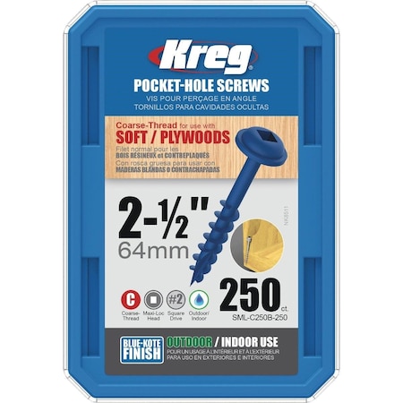 Kreg Blue-Kote #8 2-1/2 In. Coarse Maxi-Loc Washer Head Pocket Hole Screw, 250PK SML-C250B-250